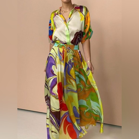 Printed Button Up Shirt and Skirt Set